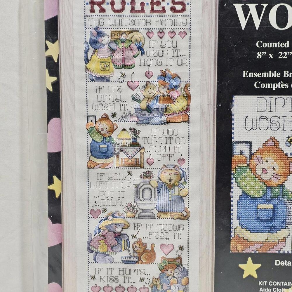Vintage Design Works Cross Stitch Kit 9885 Kitten House Rules 8" X 22" - Picture 2 of 6